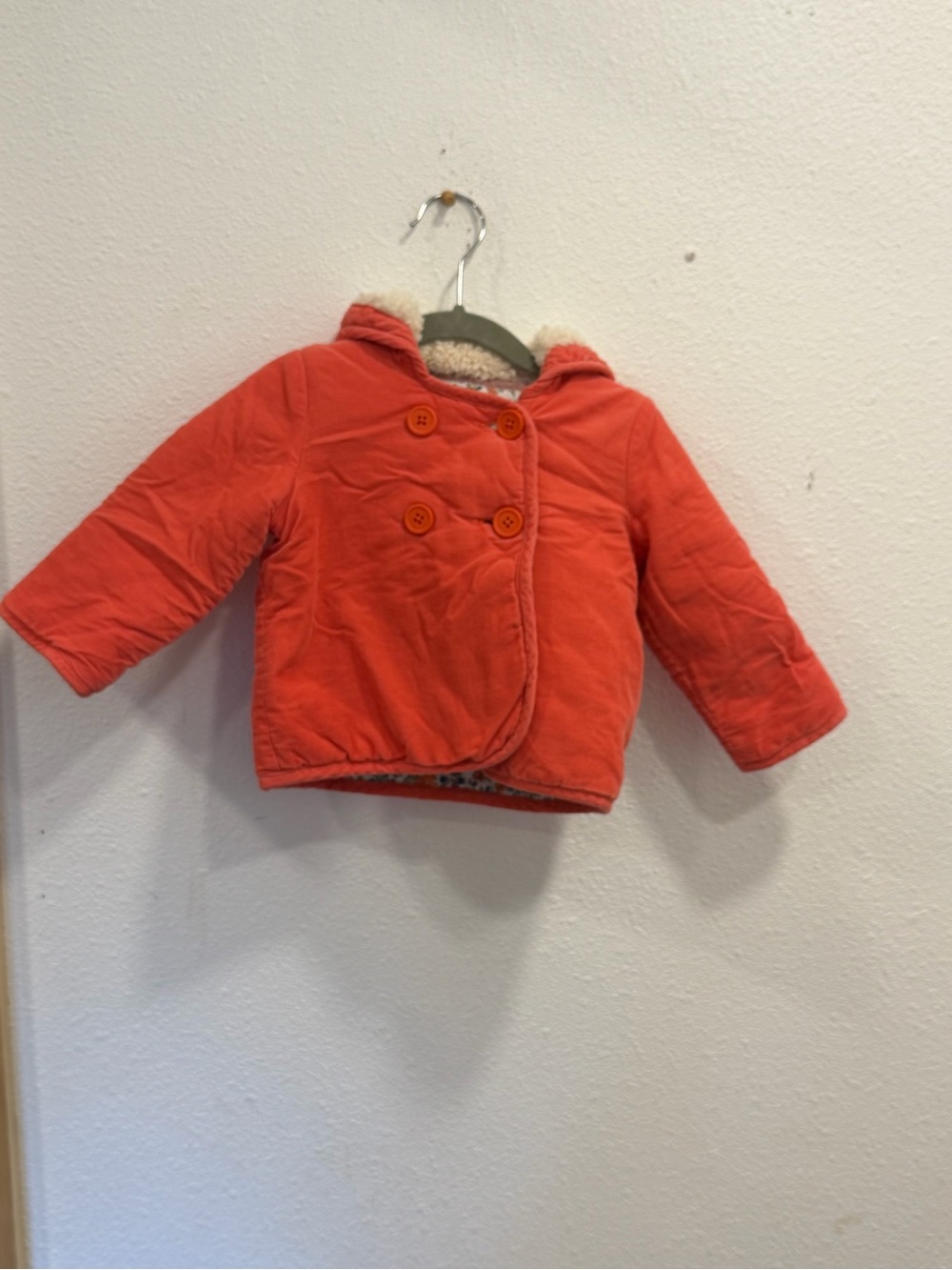 Baby Boden Orange Hooded Sherpa-Lined Double-Breasted Puffer Jacket